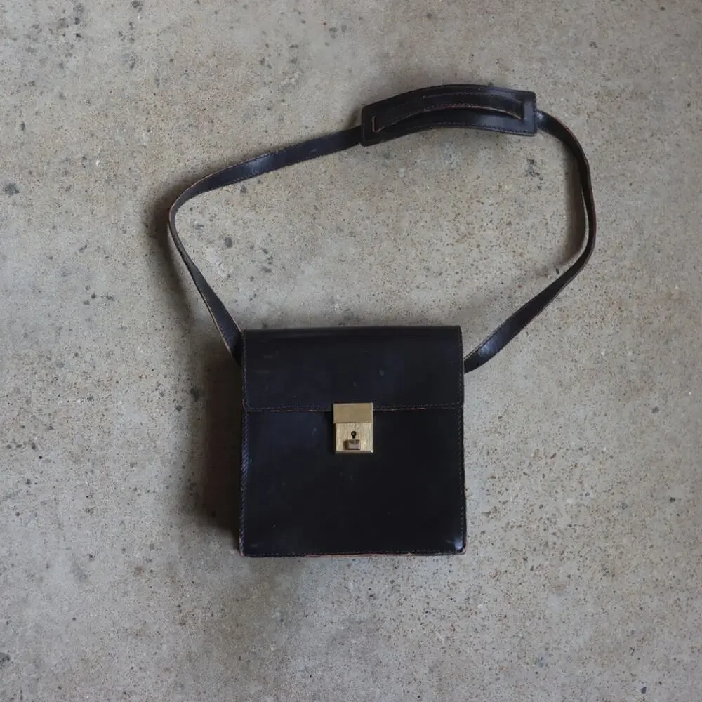 Vintage Genuine Leather Black Shoulder Bag Brass Lock Minimalist 70s